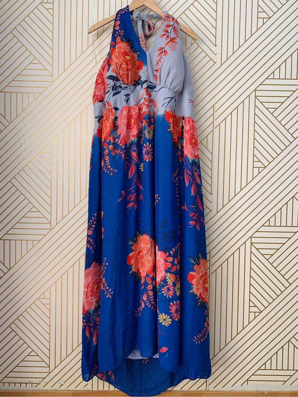 Fashion Bug v neck Floral Halter Maxi Dress Y2K retro art deco plus size 28 28W